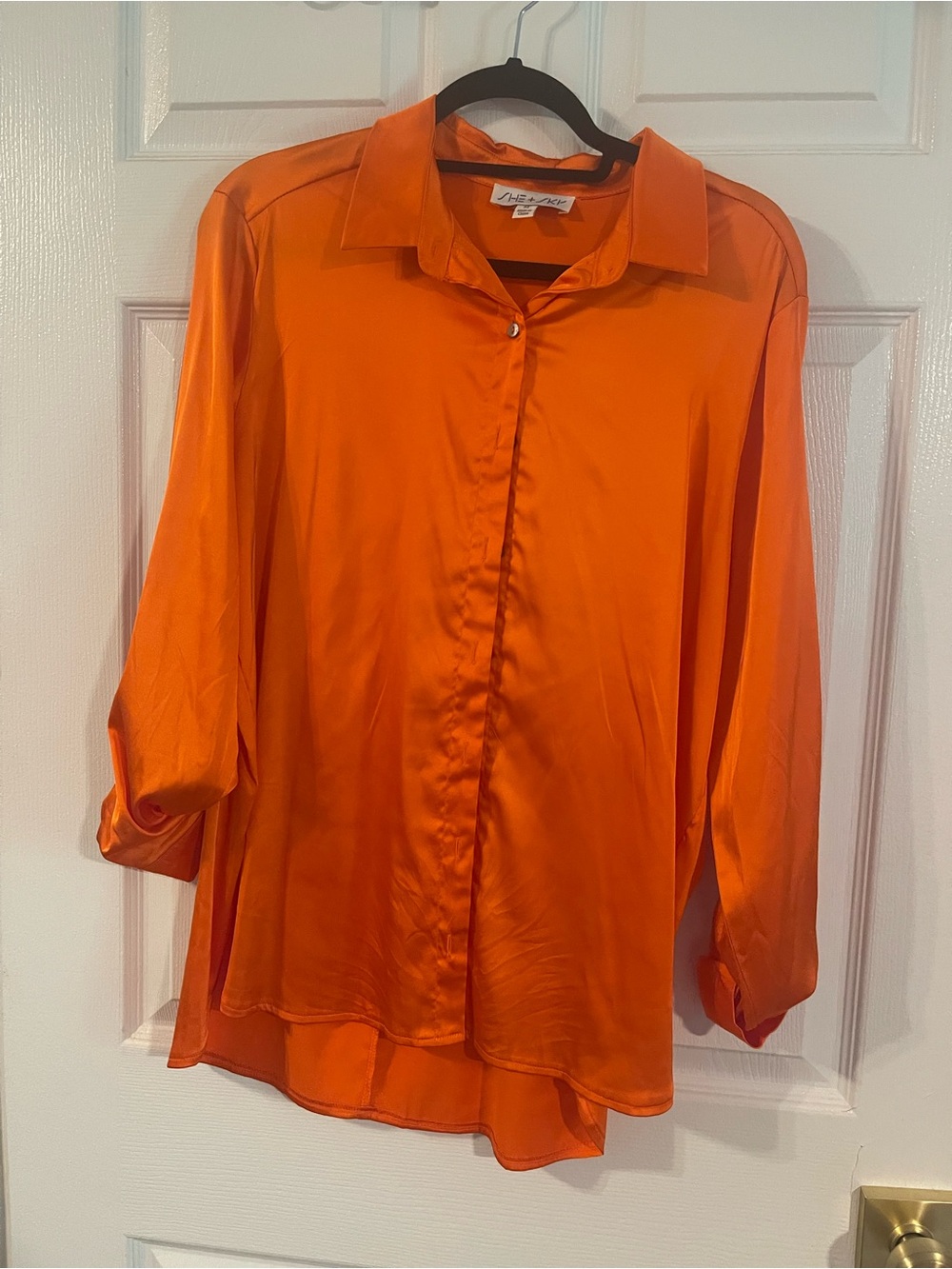 She + Sky Orange Satin Button-Down Blouse